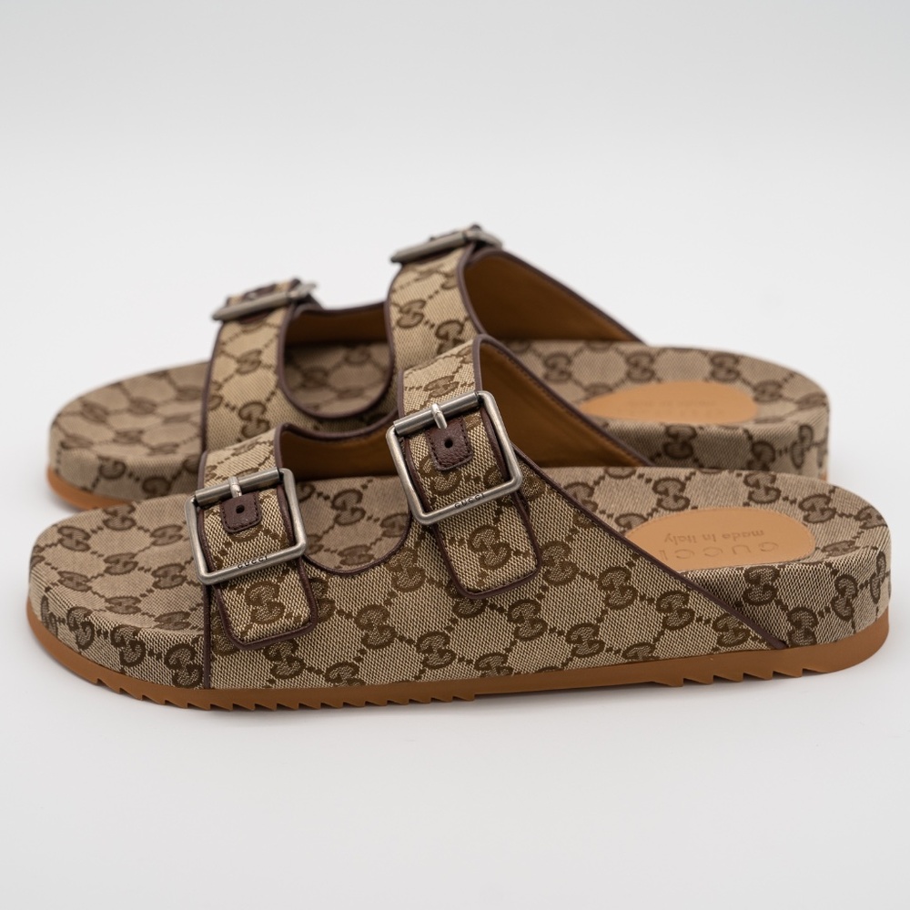 size 11G 11.5 US Gucci GG Canvas Slide Sandals Straps Beige Ebony GG Brown - Picture 4 of 12